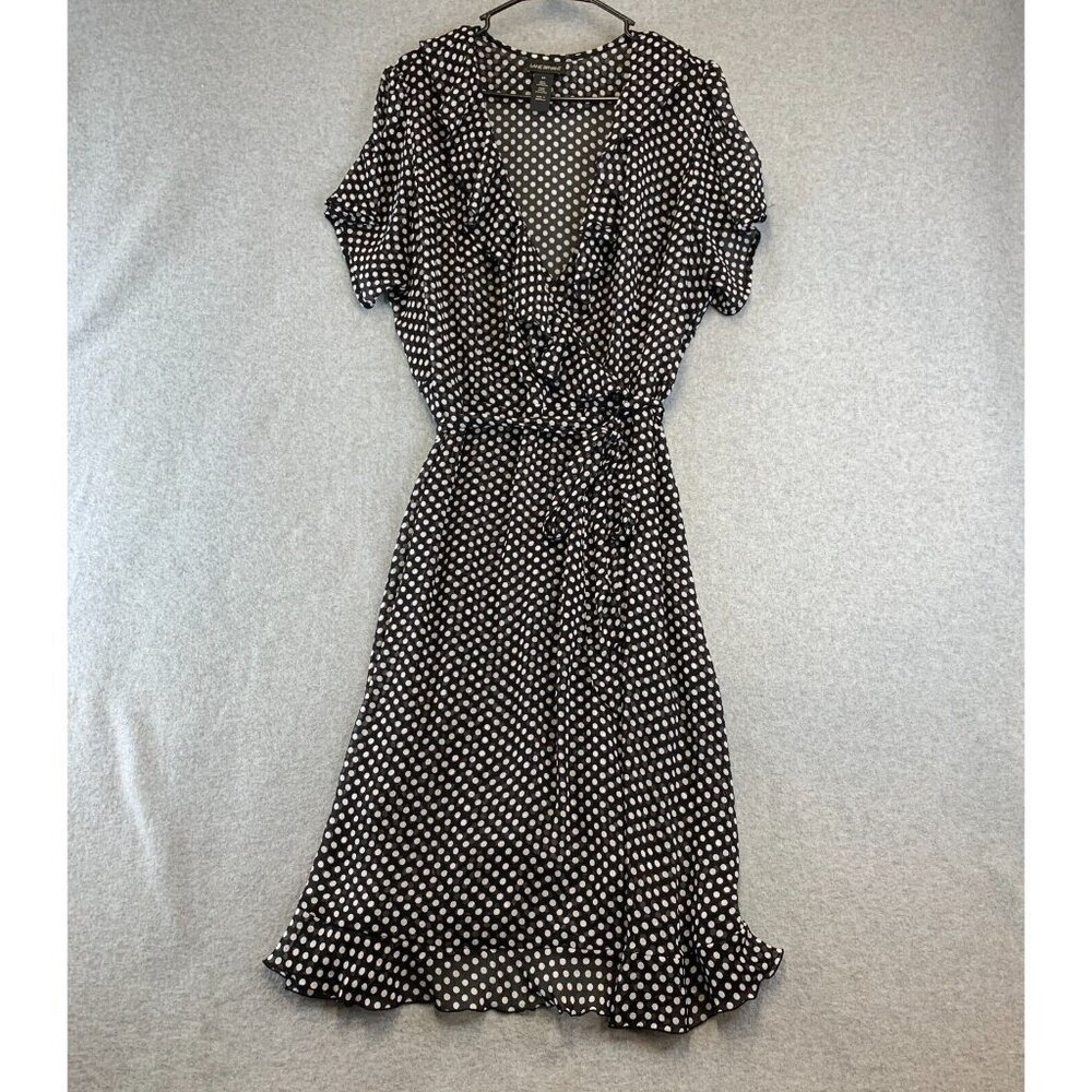 Lane Bryant Dress Womens 20 Black White Faux Wrap Midi Ruffle Belted Polka Dot